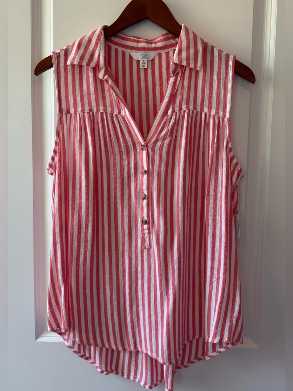 Time & Tru Sleeveless Henley Blouse, Pink & White Stripe, Size S